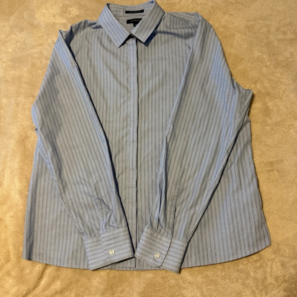 Lands End No Iron Supima Cotton Blue Striped Blouse Button Down Shirt Womens 16